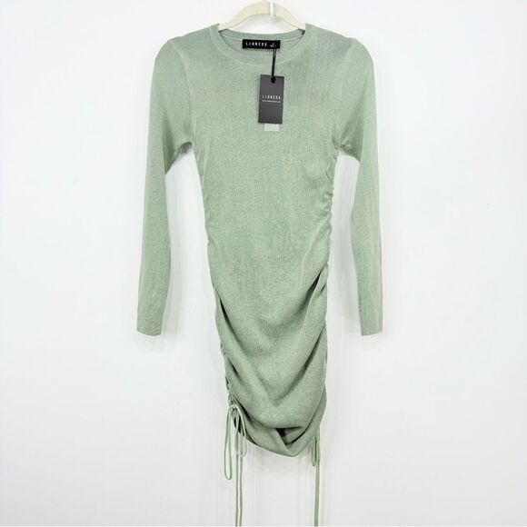 Lioness Military Minds Light Green Ruched Tie Side Ling Sleeve Stretch Dress NEW - Picture 5 of 16